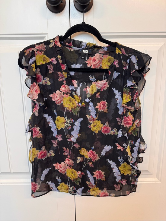 PAIGE Tops - PAIGE Black Floral V-Neck Ruffle Sleeve Blouse, 100 percent silk